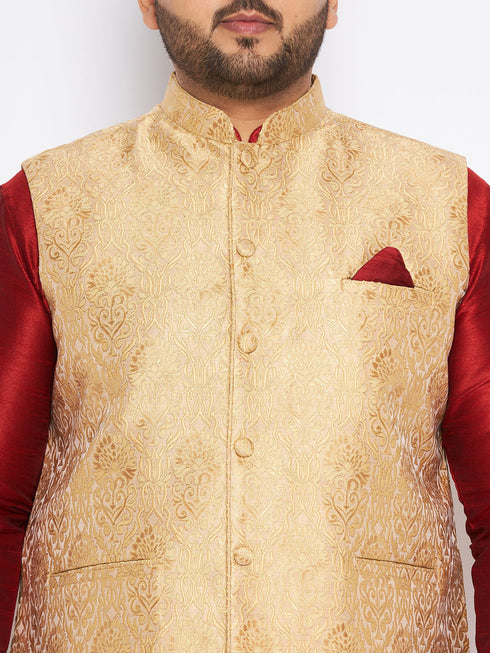Vastramay Men's Plus Size Rose Gold Woven Nehru Jacket With Maroon Kurta And Rose Gold Dhoti Set